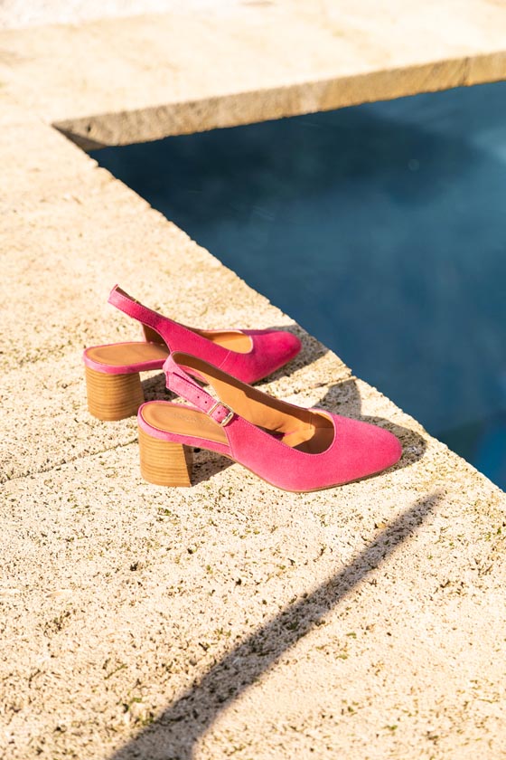 MAISON TOUFET ESCARPIN SLINGBACK SANDALE TALON CARRE MOYEN CONFORTABLE ROSE FUSHIA CUIR VELOURS TANNAGE VEGETAL YOLA