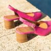 MAISON TOUFET ESCARPIN SLINGBACK SANDALE TALON CARRE MOYEN CONFORTABLE ROSE FUSHIA CUIR VELOURS TANNAGE VEGETAL YOLA