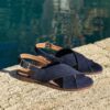 MAISON TOUFET SANDALE PLATE CONFORTABLE BLEU MARINE CUIR VELOURS AXELLE