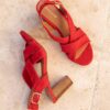 MAISON TOUFET SANDALE TALON CARRE CONFORTABLE ROUGE CUIR VELOURS AUDREY
