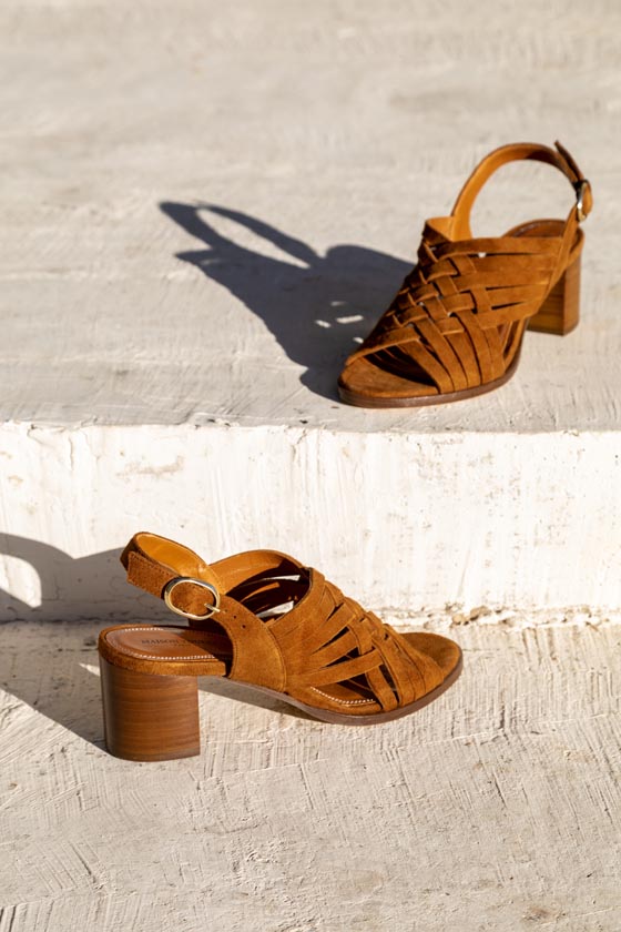 MAISON TOUFET SANDALE TALON CARRE MOYEN CONFORTABLE COGNAC CUIR VELOURS TANNAGE VEGETAL ALEXANDRA