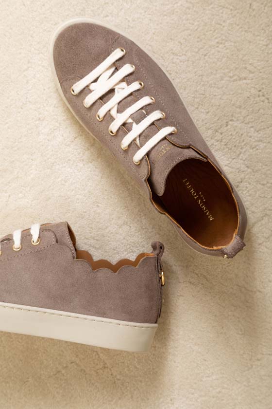 MAISON TOUFET BASKET LACET FESTON CROQUET CONFORTABLE TAUPE CUIR VELOURS JULIE