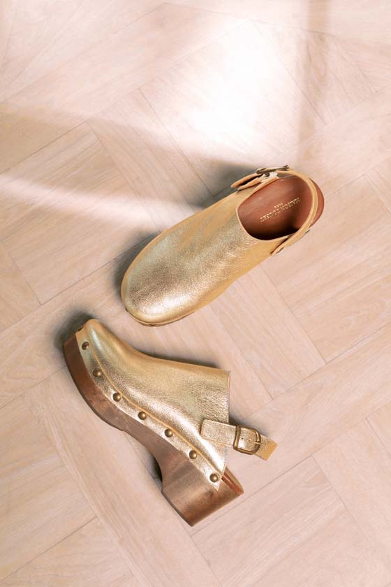 MAISON TOUFET SANDALE SABOT TALON BOIS CONFORTABLE DORE CUIR METALISSE COLETTE