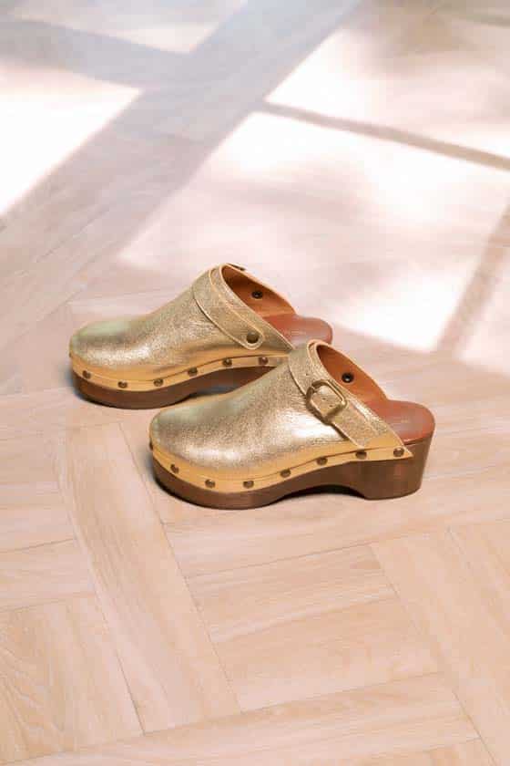 MAISON TOUFET SANDALE SABOT TALON BOIS CONFORTABLE DORE CUIR METALISSE COLETTE