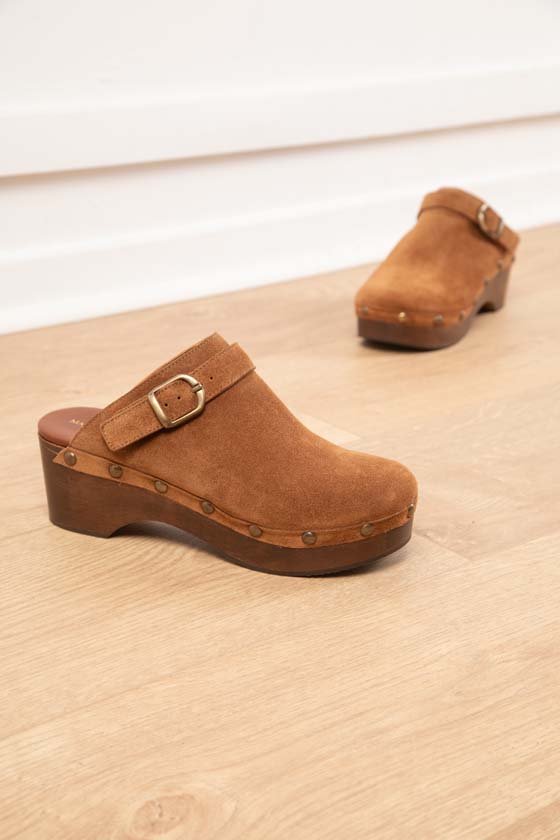 MAISON TOUFET SANDALE SABOT TALON BOIS CONFORTABLE NOISETTE CUIR VELOURS COLETTE