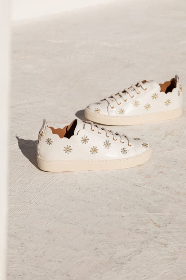 MAISON TOUFET BASKET LACET FESTON CROQUET CONFORTABLE BLANC CREME DORE BRODERIE FLEUR MARGUERITE CUIR LISSE JULIE