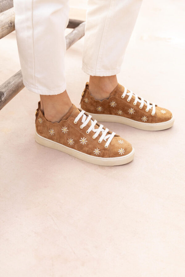 MAISON TOUFET BASKET LACET FESTON CROQUET CONFORTABLE NOISETTE DORE BRODERIE FLEUR MARGUERITE CUIR VELOURS JULIE