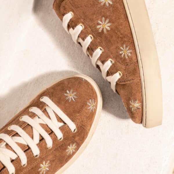 MAISON TOUFET BASKET LACET FESTON CROQUET CONFORTABLE NOISETTE DORE BRODERIE FLEUR MARGUERITE CUIR VELOURS JULIE