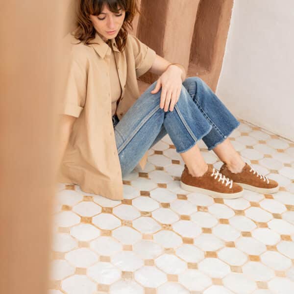 MAISON TOUFET BASKET LACET FESTON CROQUET CONFORTABLE NOISETTE DORE CUIR VELOURS JULIE