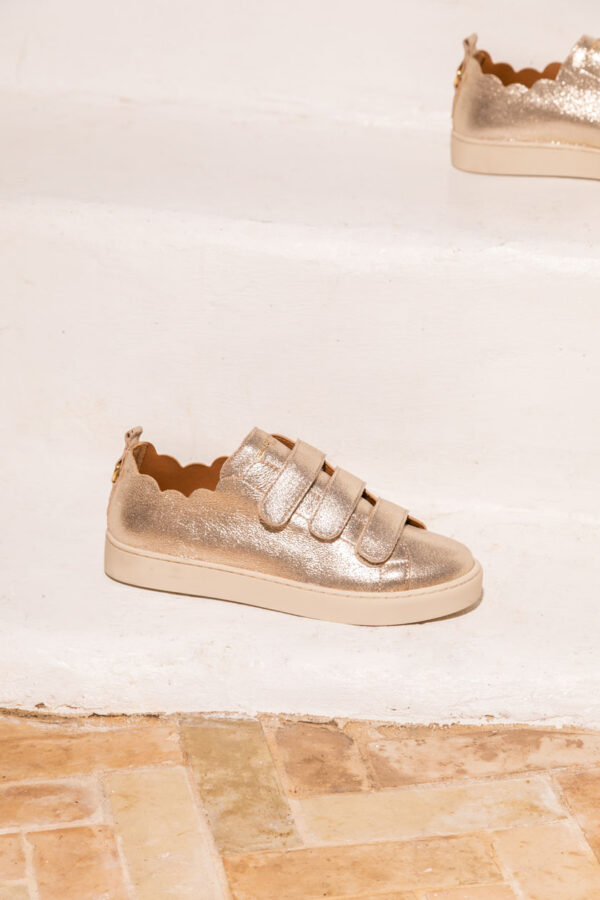 MAISON TOUFET BASKET VELCRO FESTON CROQUET CONFORTABLE DORE CLAIR CUIR PAILLETTE JULIANNE