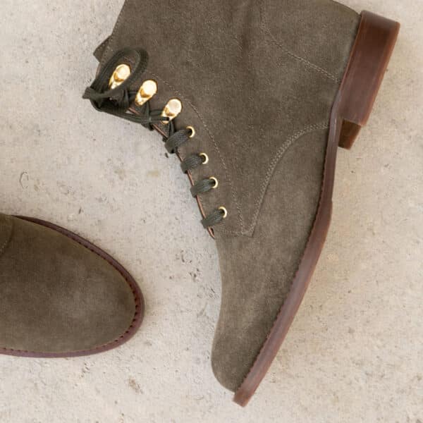MAISON TOUFET BOTTINE PLATE LACET CONFORTABLE KAKI CUIR VELOURS ELA