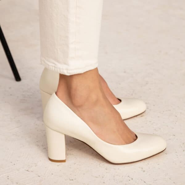 MAISON TOUFET ESCARPIN TALON CARRE MARIAGE CEREMONIE CONFORTABLE BLANC CREME IVOIRE CUIR LISSE LAURINE