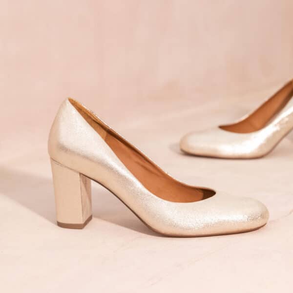 MAISON TOUFET ESCARPIN TALON CARRE MARIAGE CEREMONIE CONFORTABLE DORE CLAIR CUIR PAILLETTE LAURINE