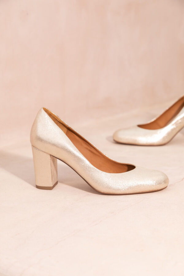 MAISON TOUFET ESCARPIN TALON CARRE MARIAGE CEREMONIE CONFORTABLE DORE CLAIR CUIR PAILLETTE LAURINE