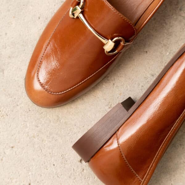 MAISON TOUFET MOCASSIN MORSETTI DORE CONFORTABLE NOISETTE CUIR BRILLANT FROISSE CLEMENCE