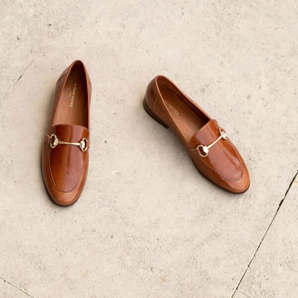 MAISON TOUFET MOCASSIN MORSETTI DORE CONFORTABLE NOISETTE CUIR BRILLANT FROISSE CLEMENCE