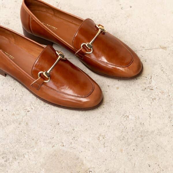 MAISON TOUFET MOCASSIN MORSETTI DORE CONFORTABLE NOISETTE CUIR BRILLANT FROISSE CLEMENCE