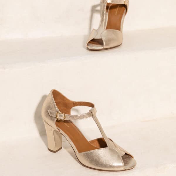MAISON TOUFET SANDALES TALON CARRE MARIAGE CEREMONIE CONFORTABLE DORE CLAIR CUIR PAILLETTE NATACHA