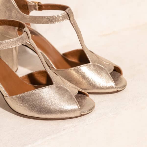 MAISON TOUFET SANDALES TALON CARRE MARIAGE CEREMONIE CONFORTABLE DORE CLAIR CUIR PAILLETTE NATACHA