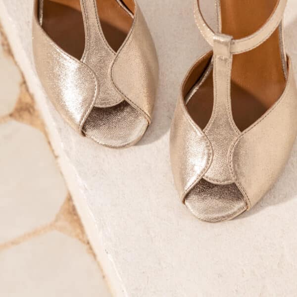 MAISON TOUFET SANDALES TALON CARRE MARIAGE CEREMONIE CONFORTABLE DORE CLAIR CUIR PAILLETTE NATACHA