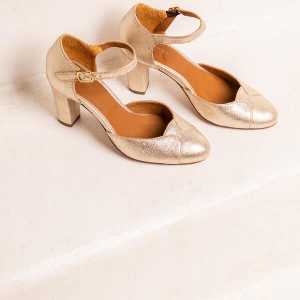 MAISON TOUFET SANDALE BABIES TALON CARRE MARIAGE CEREMONIE CONFORTABLE DORE CLAIR CUIR PAILLETTE GWENAELLE