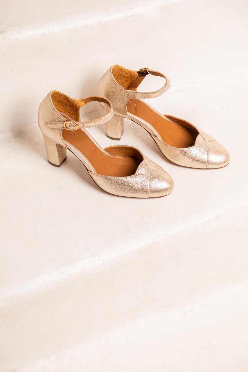 MAISON TOUFET SANDALE BABIES TALON CARRE MARIAGE CEREMONIE CONFORTABLE DORE CLAIR CUIR PAILLETTE GWENAELLE