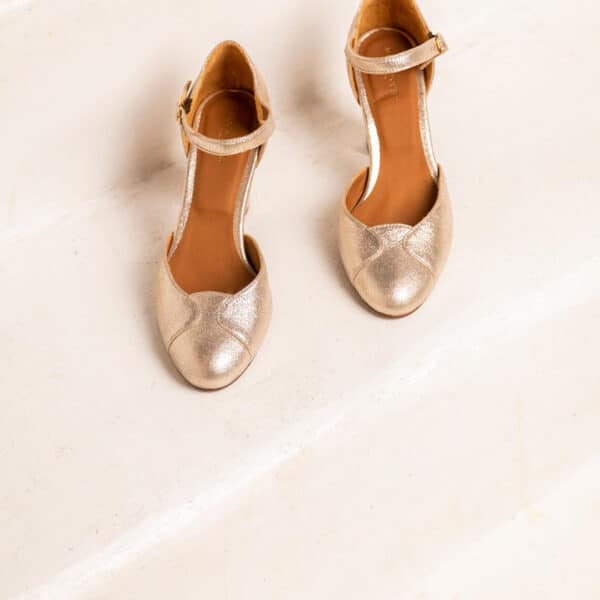 MAISON TOUFET SANDALE BABIES TALON CARRE MARIAGE CEREMONIE CONFORTABLE DORE CLAIR CUIR PAILLETTE GWENAELLE