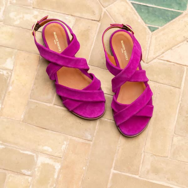 MAISON TOUFET SANDALE PLATE CONFORTABLE DAHLIA VIOLET ROSE CUIR VELOURS FARAH