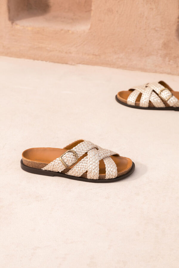 MAISON TOUFET SANDALE PLATE FOOTBED CONFORTABLE DORE CLAIR TRESSE CUIR PAILLETTE ROMANE