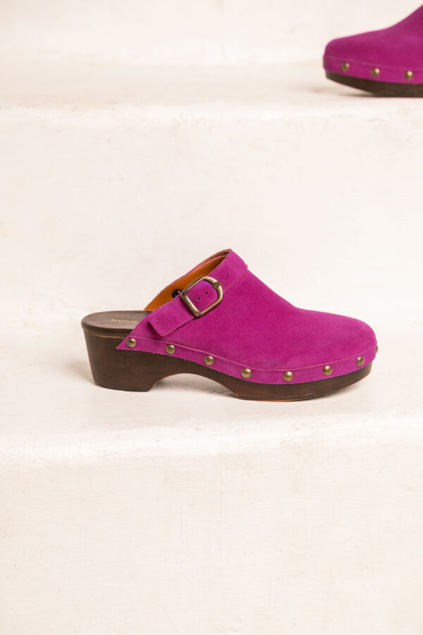 MAISON TOUFET SANDALE SABOT TALON FINITION BOIS CONFORTABLE DAHLIA VIOLET ROSE CUIR VELOURS COLETTE