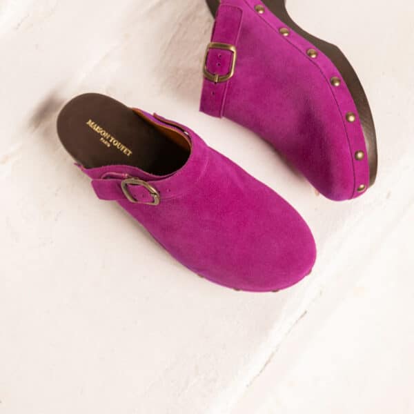 MAISON TOUFET SANDALE SABOT TALON FINITION BOIS CONFORTABLE DAHLIA VIOLET ROSE CUIR VELOURS COLETTE