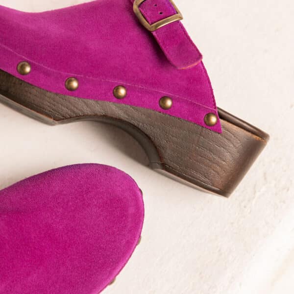 MAISON TOUFET SANDALE SABOT TALON FINITION BOIS CONFORTABLE DAHLIA VIOLET ROSE CUIR VELOURS COLETTE