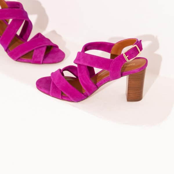 MAISON TOUFET SANDALE TALON CARRE CONFORTABLE DAHLIA VIOLET ROSE CUIR VELOURS FLAVIA