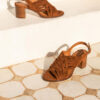 MAISON TOUFET SANDALE TALON CARRE MOYEN CONFORTABLE COGNAC CUIR VELOURS ALEXANDRA