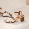 MAISON TOUFET SANDALE TALON CARRE MOYEN CONFORTABLE DORE CLAIR CUIR METALLISE CRAQUELE ANTOINETTE