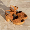 MAISON TOUFET SANDALE TALON FINITION BOIS COMPENSE PLATEFORME CONFORTABLE COGNAC CUIR VELOURS ANNABELLA
