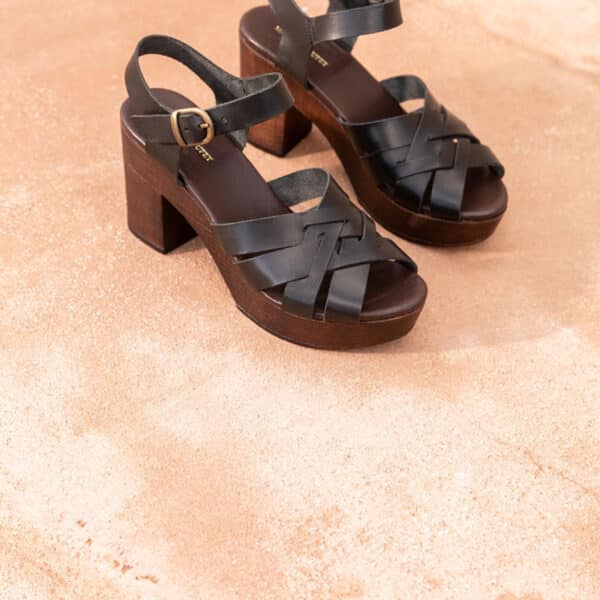 MAISON TOUFET SANDALE TALON FINITION BOIS COMPENSE PLATEFORME CONFORTABLE NOIR CUIR LISSE RAFAELLE