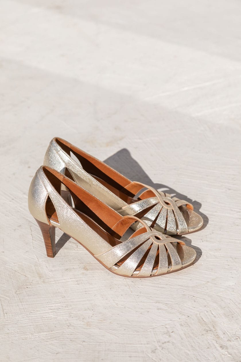MAISON TOUFET SANDALE TALON MARIAGE CEREMONIE CONFORTABLE DORE CLAIR CUIR METALLISE ADELINE