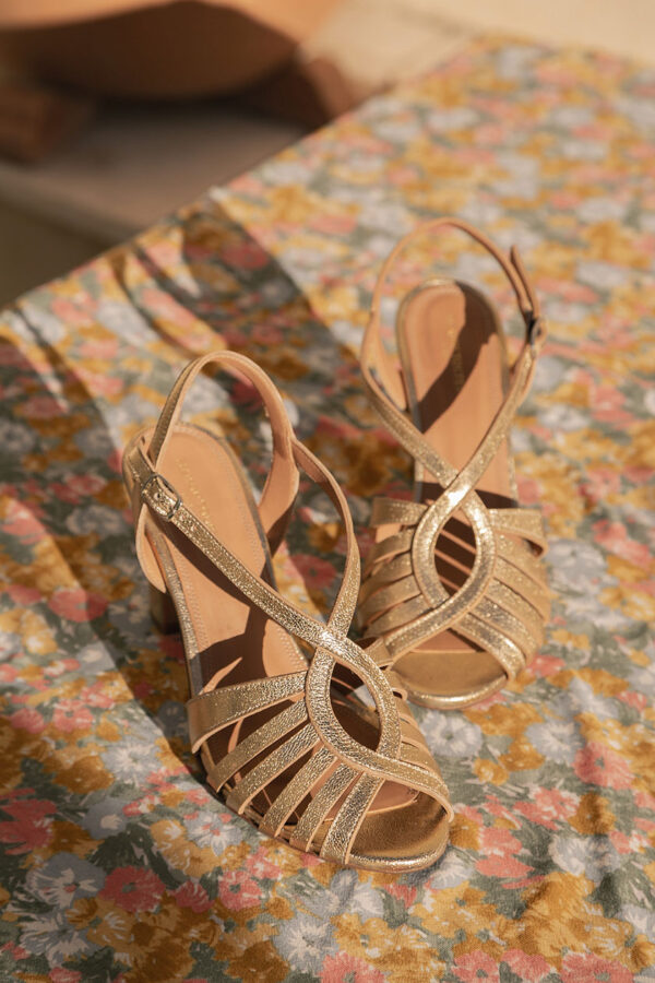 MAISON TOUFET SANDALE TALON MARIAGE CEREMONIE CONFORTABLE DORE FONCE CUIR METALLISE HEIDI