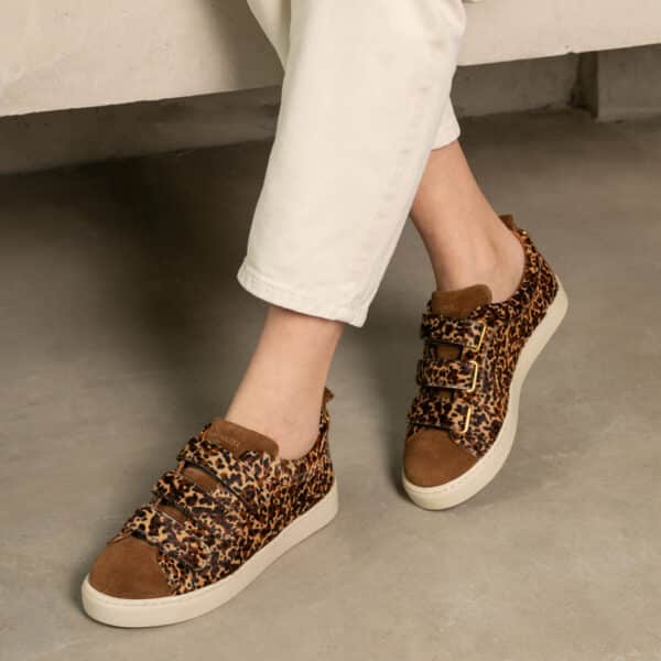MAISON TOUFET BASKETS CONFORTABLE COGNAC CUIR VELOURS LÉOPARD CUIR POULAIN ANAÏDA