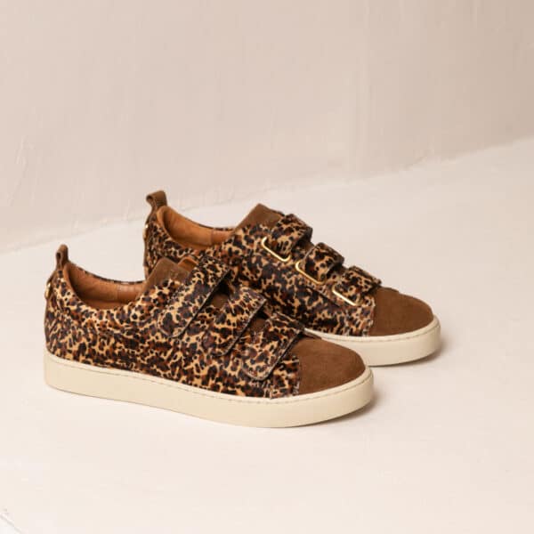 MAISON TOUFET BASKETS CONFORTABLE COGNAC CUIR VELOURS LÉOPARD CUIR POULAIN ANAÏDA