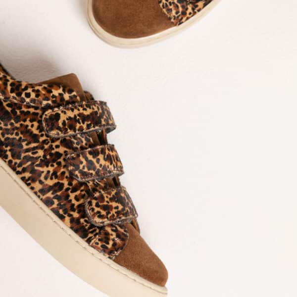 MAISON TOUFET BASKETS CONFORTABLE COGNAC CUIR VELOURS LÉOPARD CUIR POULAIN ANAÏDA