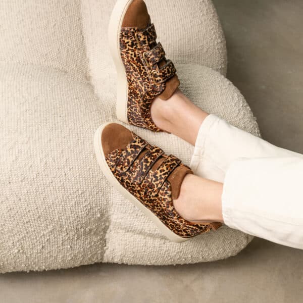 MAISON TOUFET BASKETS CONFORTABLE COGNAC CUIR VELOURS LÉOPARD CUIR POULAIN ANAÏDA