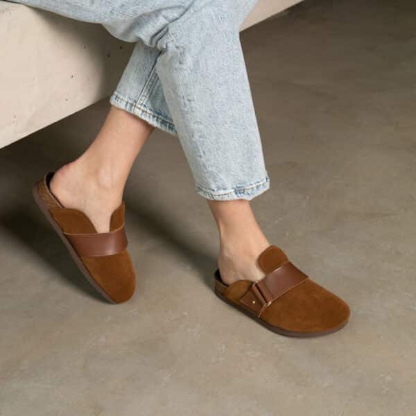 MAISON TOUFET SABOTS CONFORTABLE COGNAC CUIR VELOURS MILA