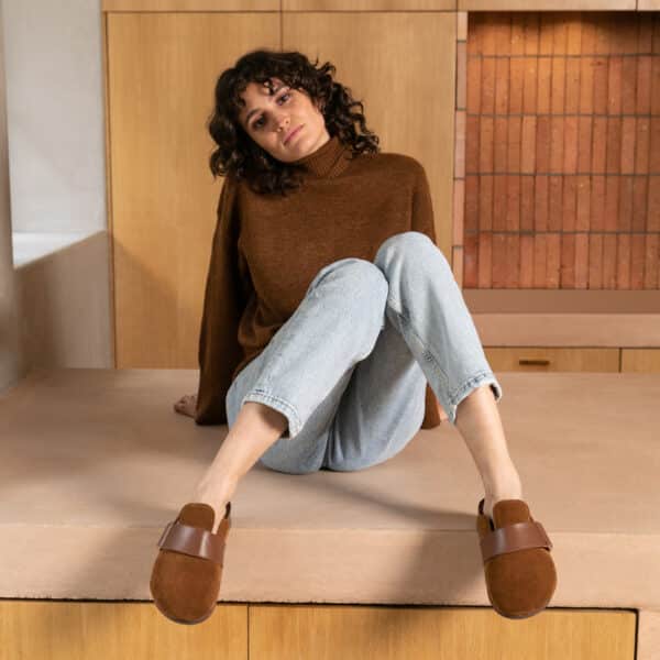 MAISON TOUFET SABOTS CONFORTABLE COGNAC CUIR VELOURS MILA