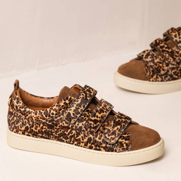 MAISON TOUFET BASKETS CONFORTABLE COGNAC CUIR VELOURS LÉOPARD CUIR POULAIN ANAÏDA