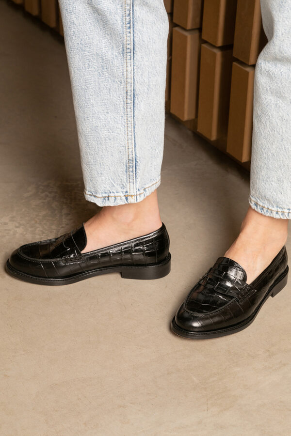 MAISON TOUFET MOCASSINS CONFORTABLE NOIR CUIR CROCO ROSALIE