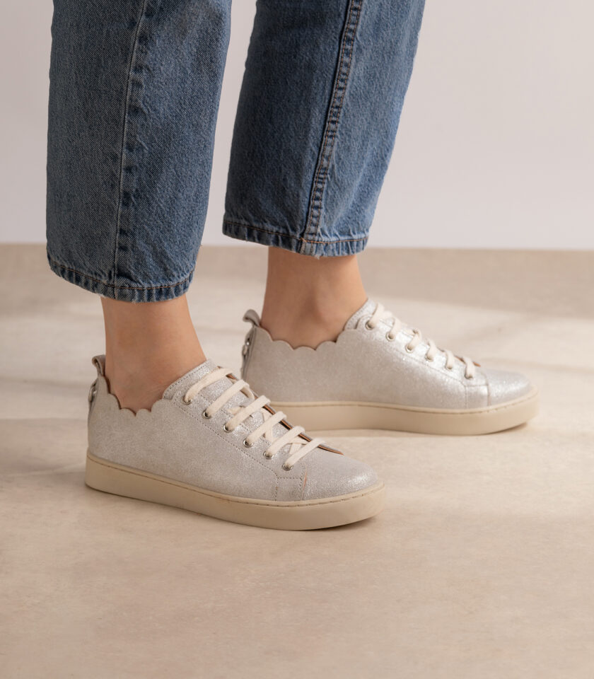 CARRE BASKETS CONFORTABLE BLANC CUIR PAILLETÉ JULIE