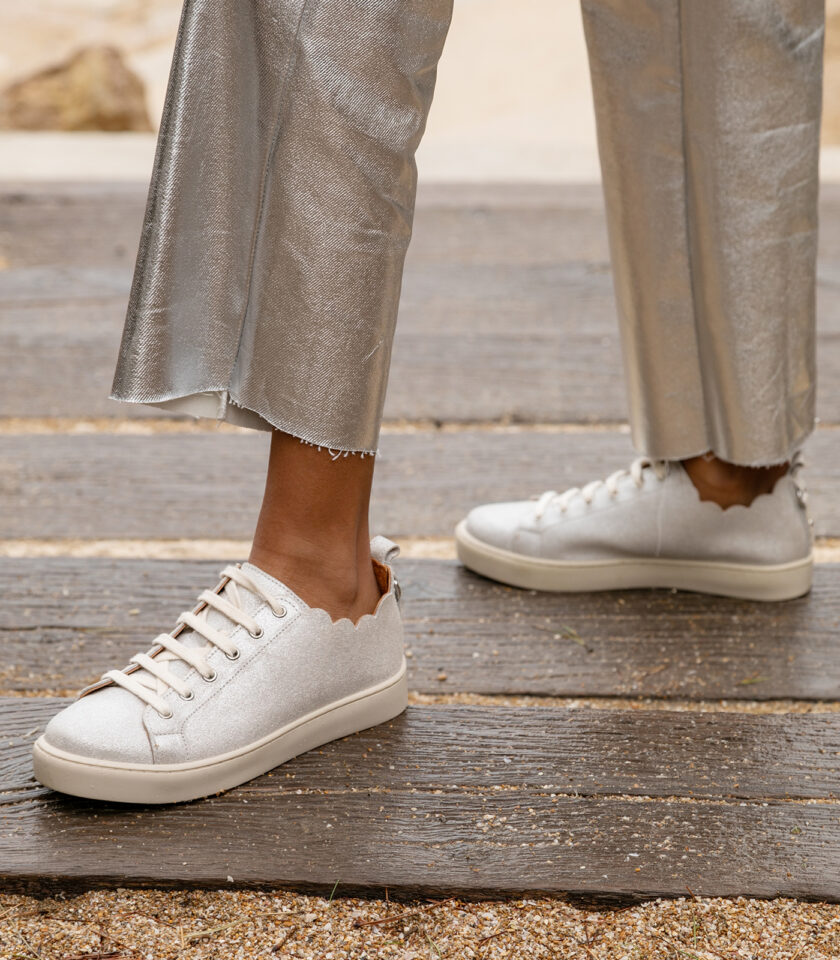 CARRE BASKETS CONFORTABLE BLANC CUIR PAILLETÉ JULIE