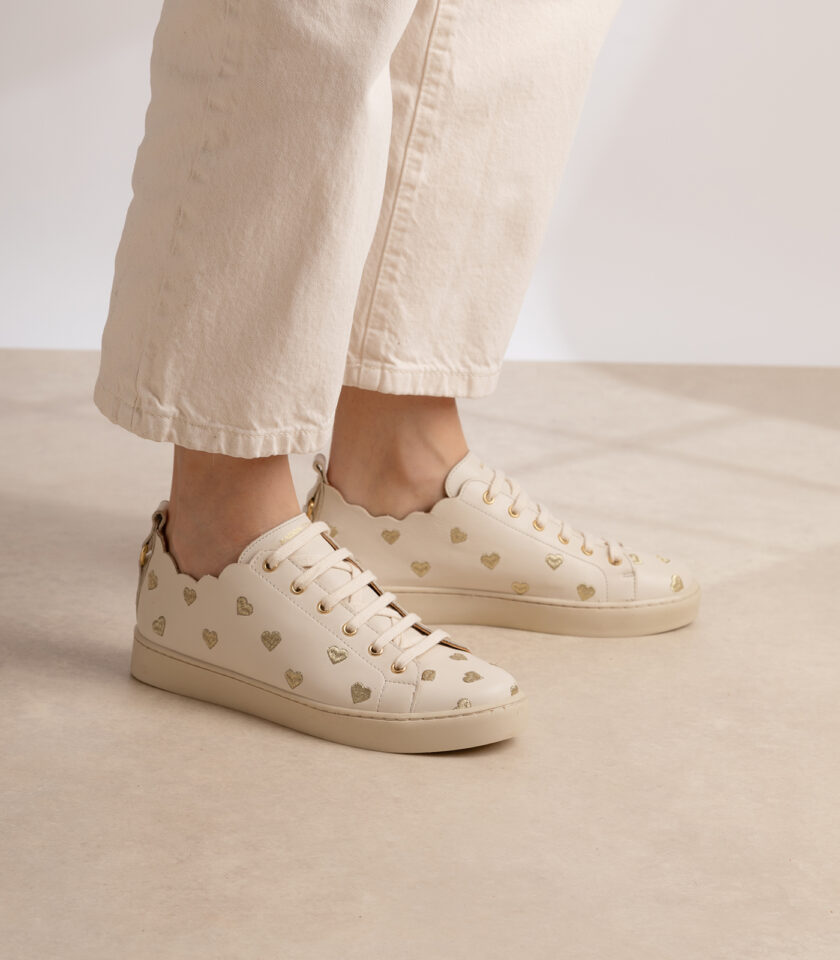 CARRE BASKETS CONFORTABLE CRÈME CUIR LISSE BRODÉ JULIE